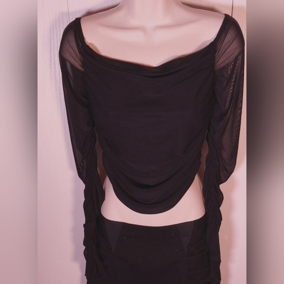 Cider Tops - Cider Black Mesh Top Size Large Sheer Back Long Sheer Sleeves W Ruching Party